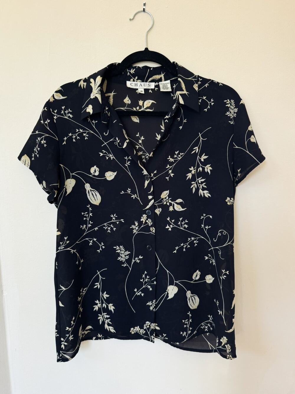 Chaus Vintage 90s Black Floral Sheer Button Down Blouse Size 10